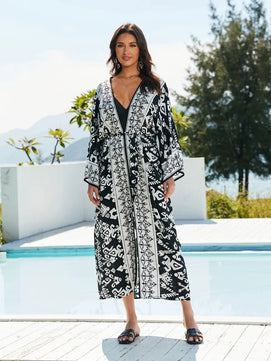 Women's Rayon Long Sleeves Printed Pattern Bathing Cover Up