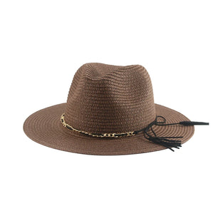 Women's Straw Solid Pattern Trendy Sun Protection Chain Brim Hat