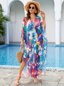 Women's Polyester V-Neck Bathing Printed Pattern Swimwear Dress