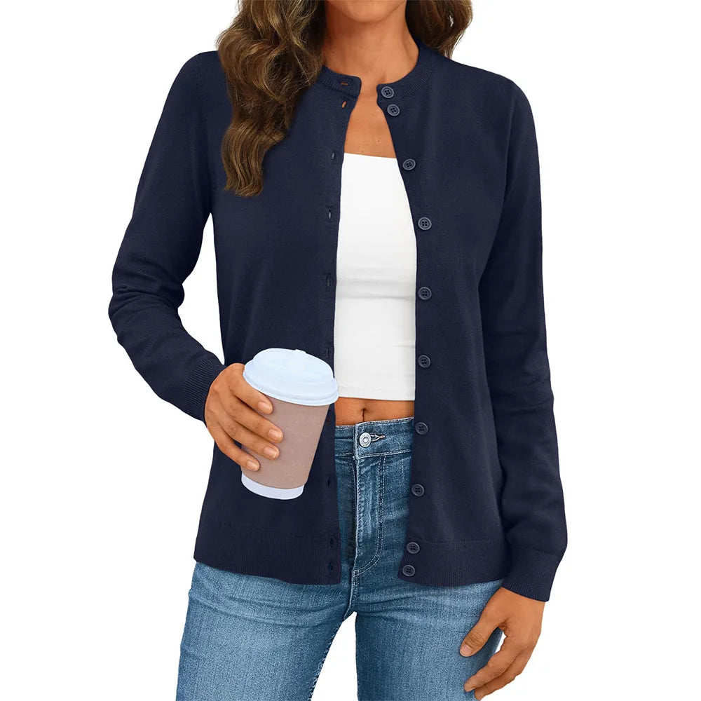 Women's Polyester Long Sleeve Single Breasted Solid Cardigan