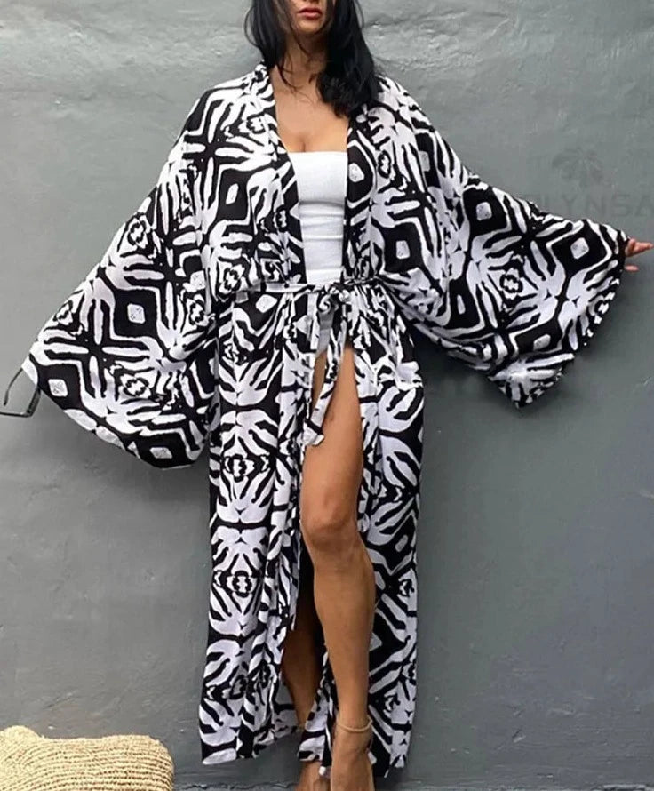 Women's Polyester Long Sleeves Printed Pattern Bathing Cover Up