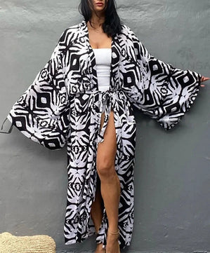 Women's Polyester Long Sleeves Printed Pattern Bathing Cover Up