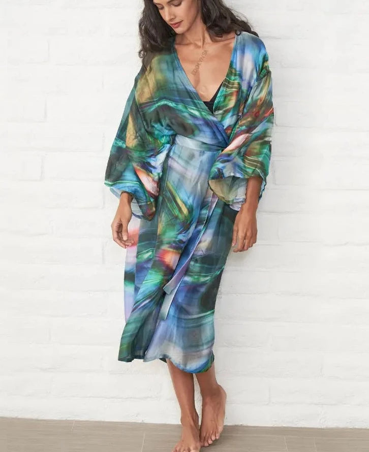 Women's Polyester Long Sleeves Printed Kaftan Beach Cover Up