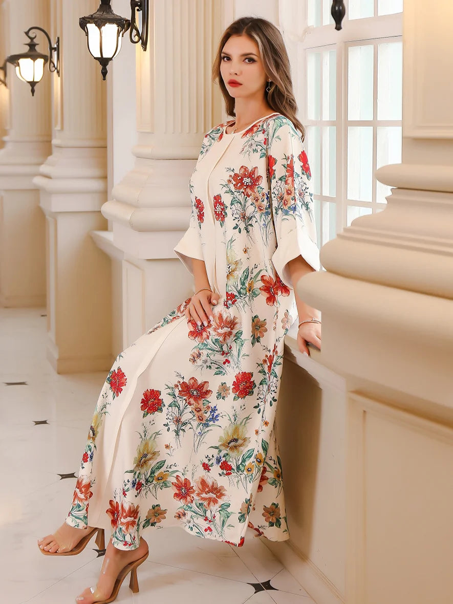 Women's Arabian Polyester Full Sleeves Floral Pattern Dress