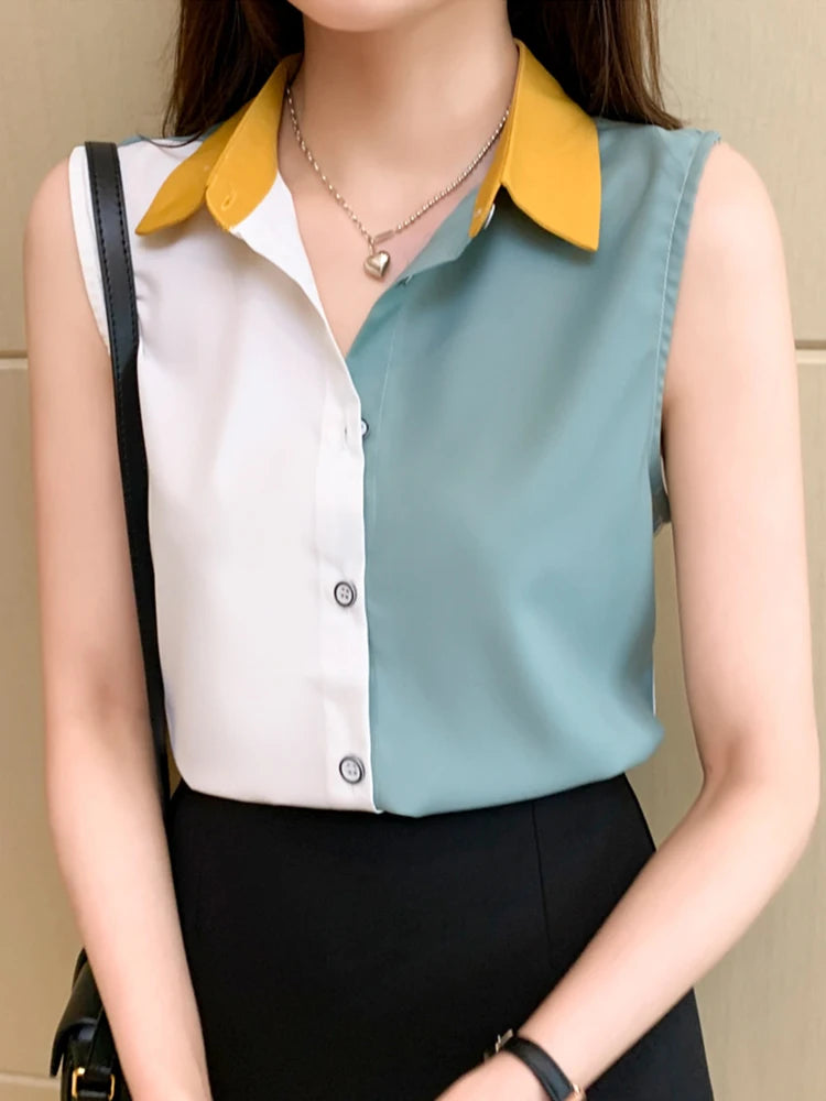 Women's Polyester Turn-Down Collar Sleeveless Casual Wear Blouse