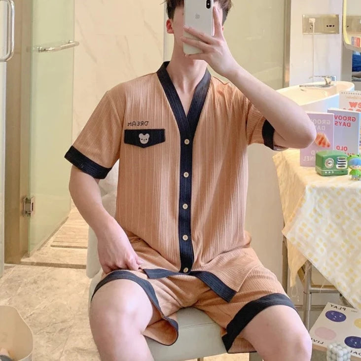 Men's Polyester V-Neck Short Sleeve Striped Pattern Sleepwear