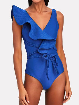 Women's Polyester Ruffle Solid Quick-Dry One-Piece Swimwear