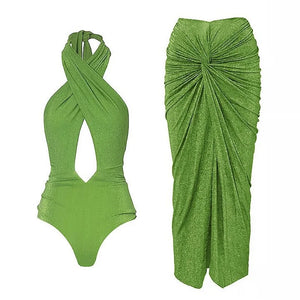 Women's Polyester V-Neck Mid Waist Solid Bathing Bikini Set