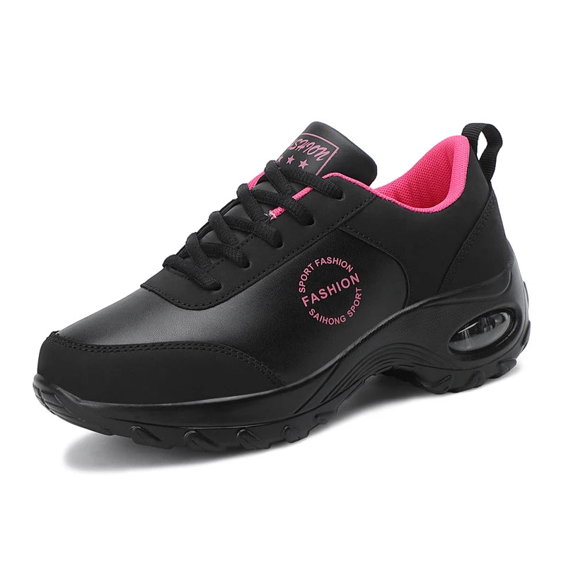 Women's Leather Round Toe Lace-up Closure Sports Wear Sneakers