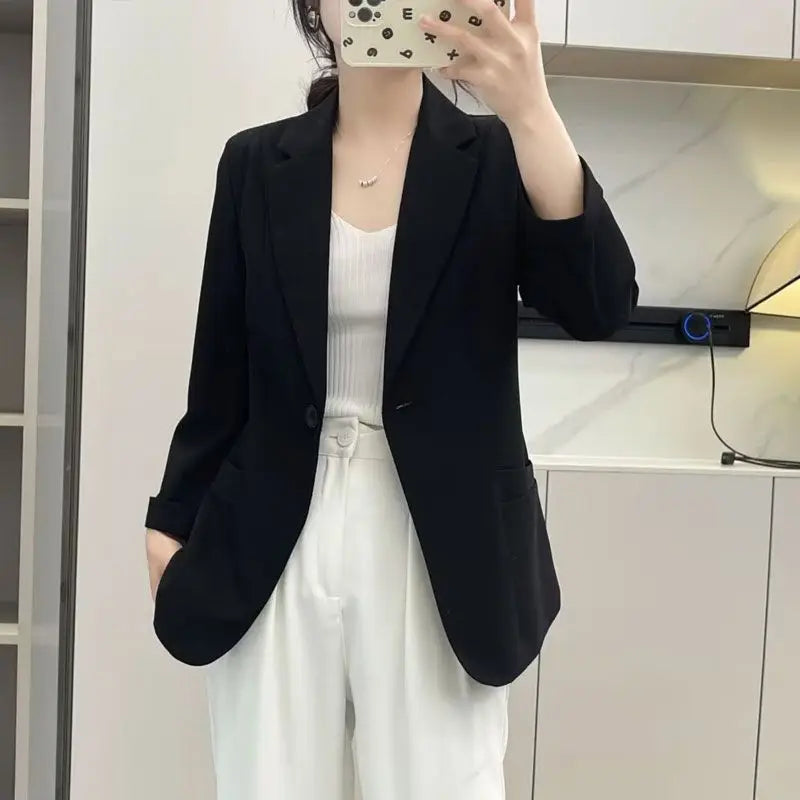 Women's Polyester Notched Collar Long Sleeve Single Button Blazer