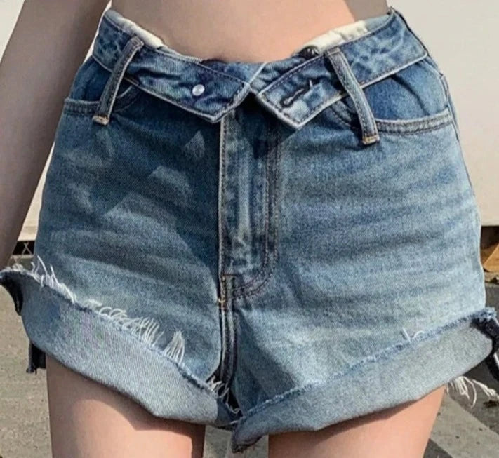 Women's Polyester High Waist Zipper Fly Casual Plain Denim Shorts