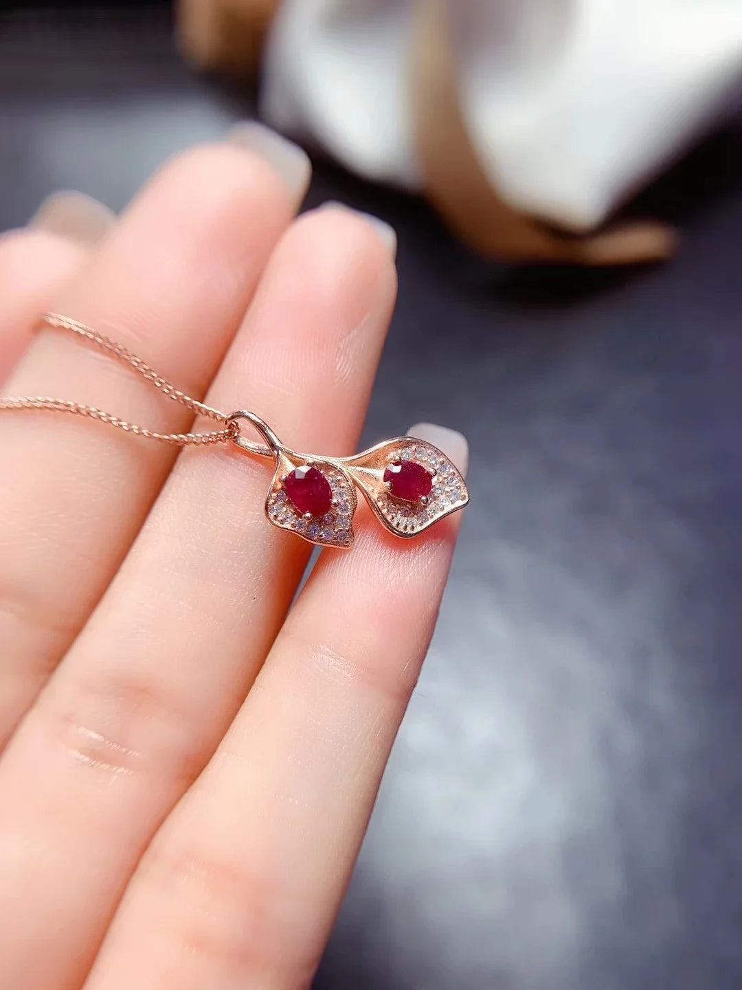 Women's 100% 925 Sterling Silver Ruby Leaf Shaped Trendy Necklace