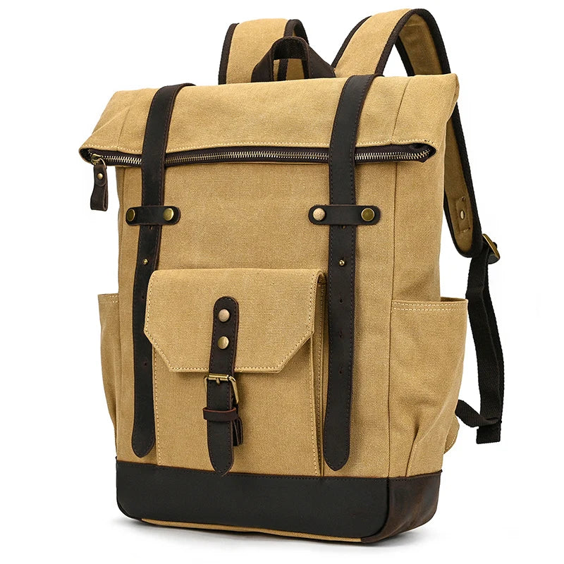 Men's Genuine Leather Solid Pattern Zipper Closure Backpack