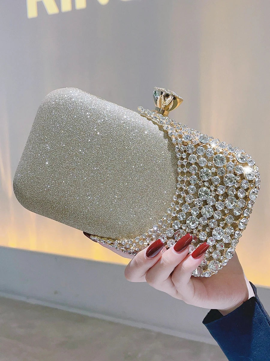 Women's Metallic Hasp Closure Rhinestone Classic Wedding Clutch