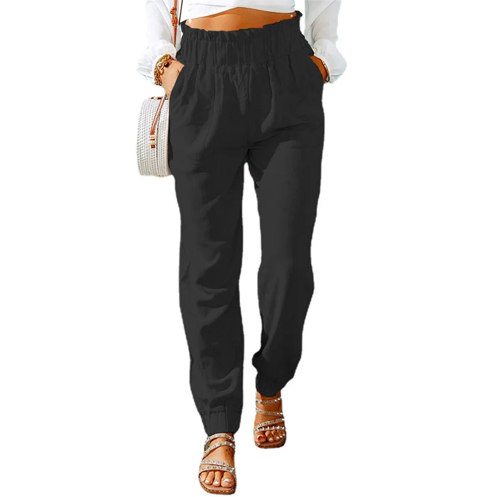 Women's Polyester Mid Waist Elastic Closure Casual Denim Trousers