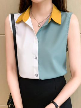 Women's Polyester Turn-Down Collar Sleeveless Casual Wear Blouse