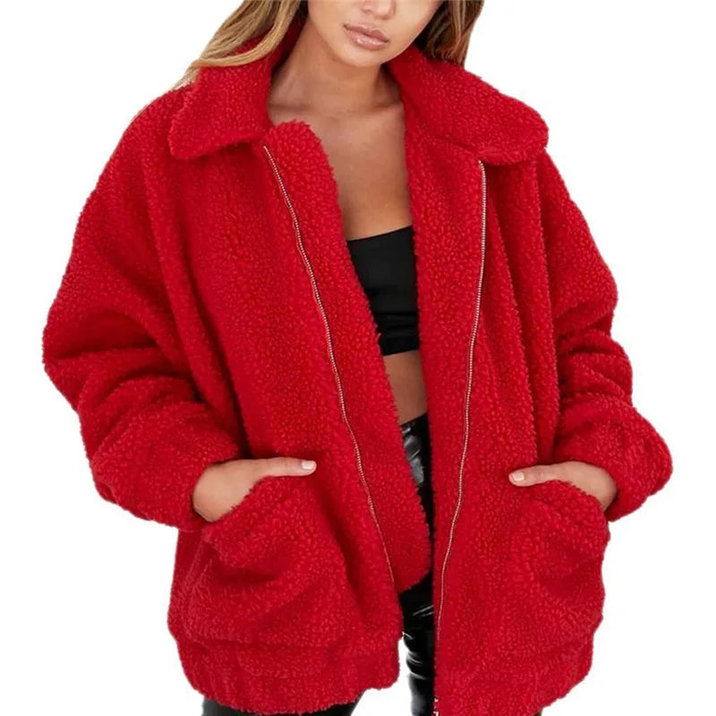 Women's Faux Fur Turn-Down Collar Long Sleeves Solid Jacket