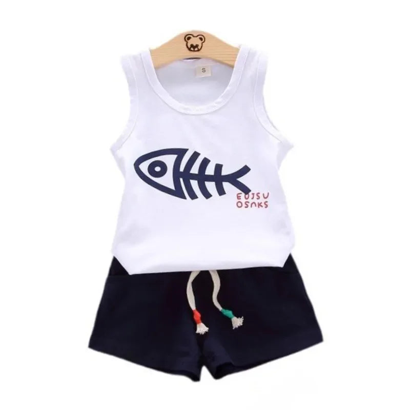 Kid's Boy Cotton O-Neck Sleeveless Trendy Swimwear Two-Piece Set