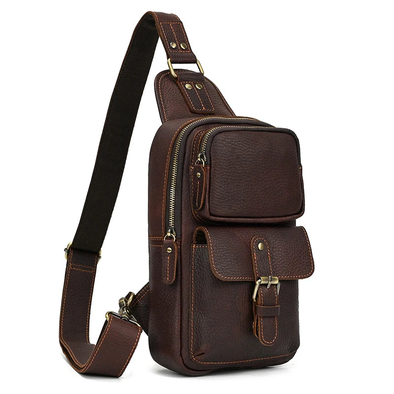 Men's Genuine Leather Zipper Closure Solid Pattern Shoulder Bag