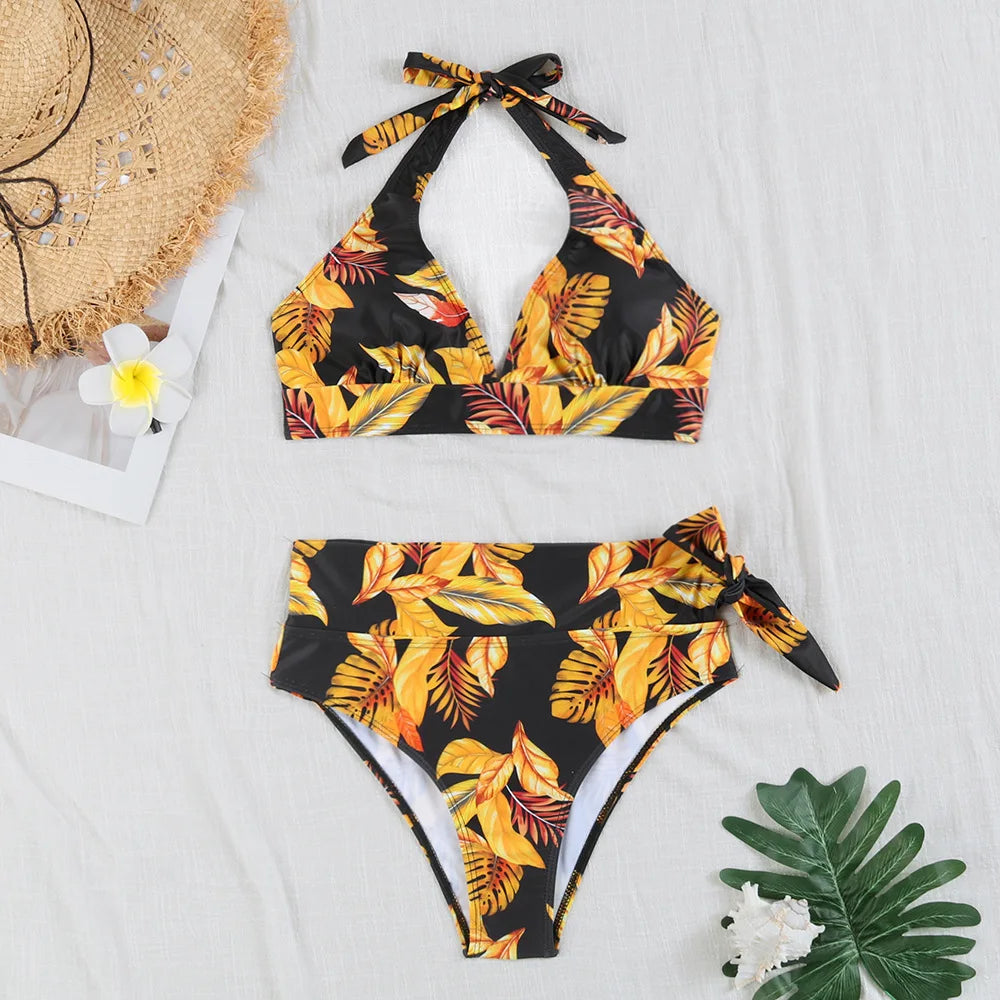 Women's Polyester V-Neck Sleeveless Mid Waist Swimwear Bikini Set