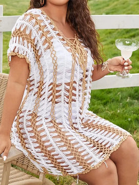 Women's Cotton Short Sleeves Knitted Pattern Beach Cover Up