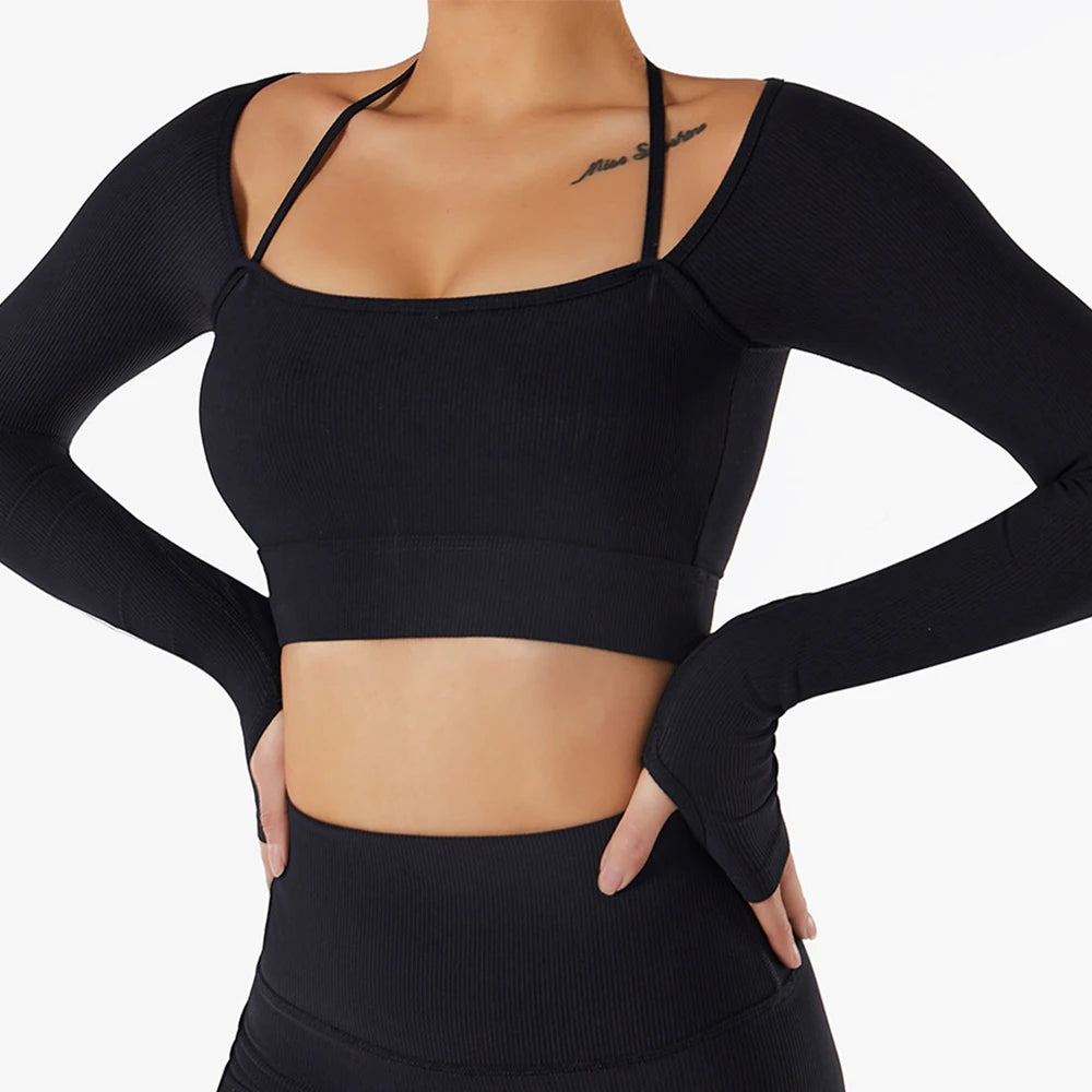 Women's Nylon Square-Neck Long Sleeves Fitness Workout Crop Top