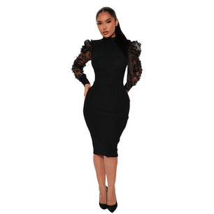 Women's Polyester Turtleneck Long Sleeves Floral Party Wear Dress