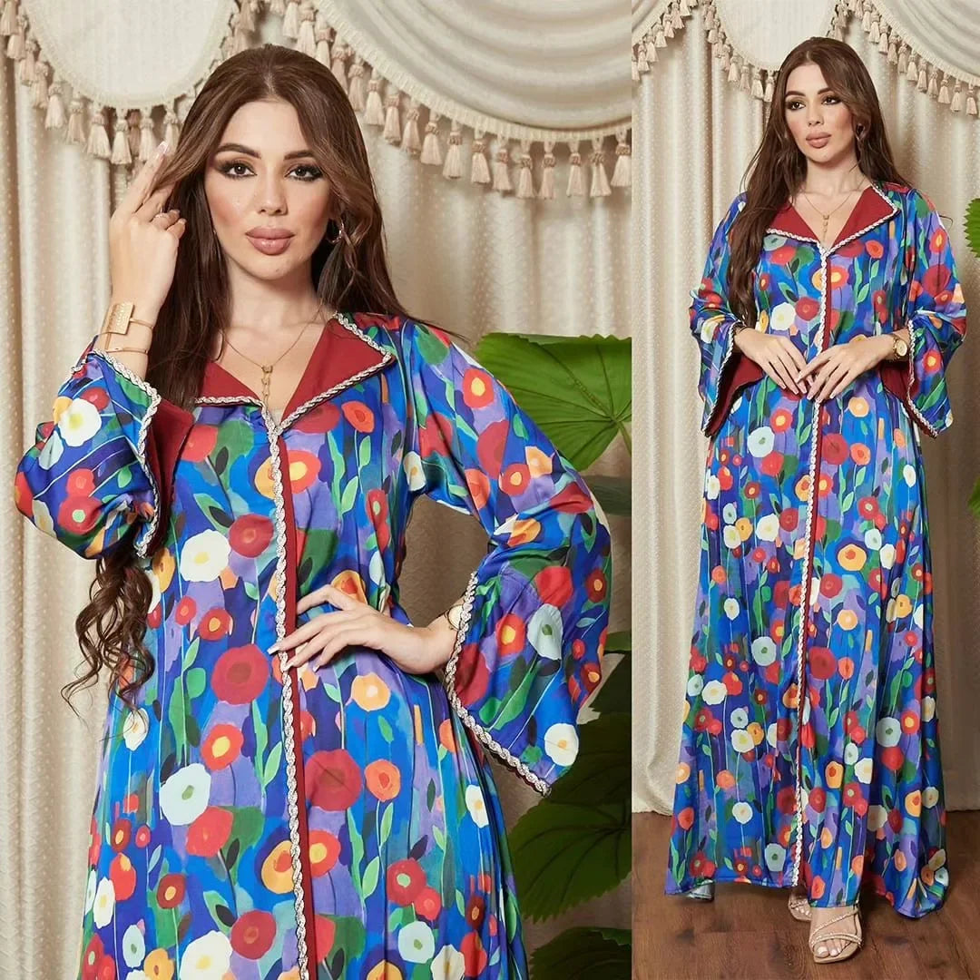 Women's Arabian Polyester Full Sleeve Floral Pattern Casual Dress