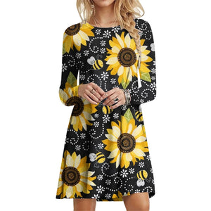 Women's Polyester O-Neck Long Sleeves Mini Casual Floral Dress