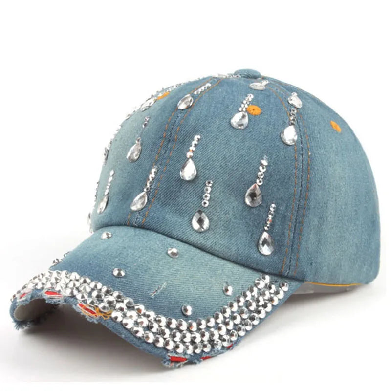 Women's Denim Adjustable Strap Pattern Rhinestone Casual Cap