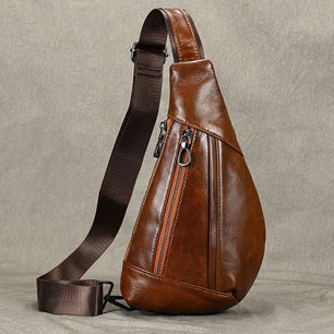 Men's Genuine Leather Zipper Closure Solid Pattern Shoulder Bag