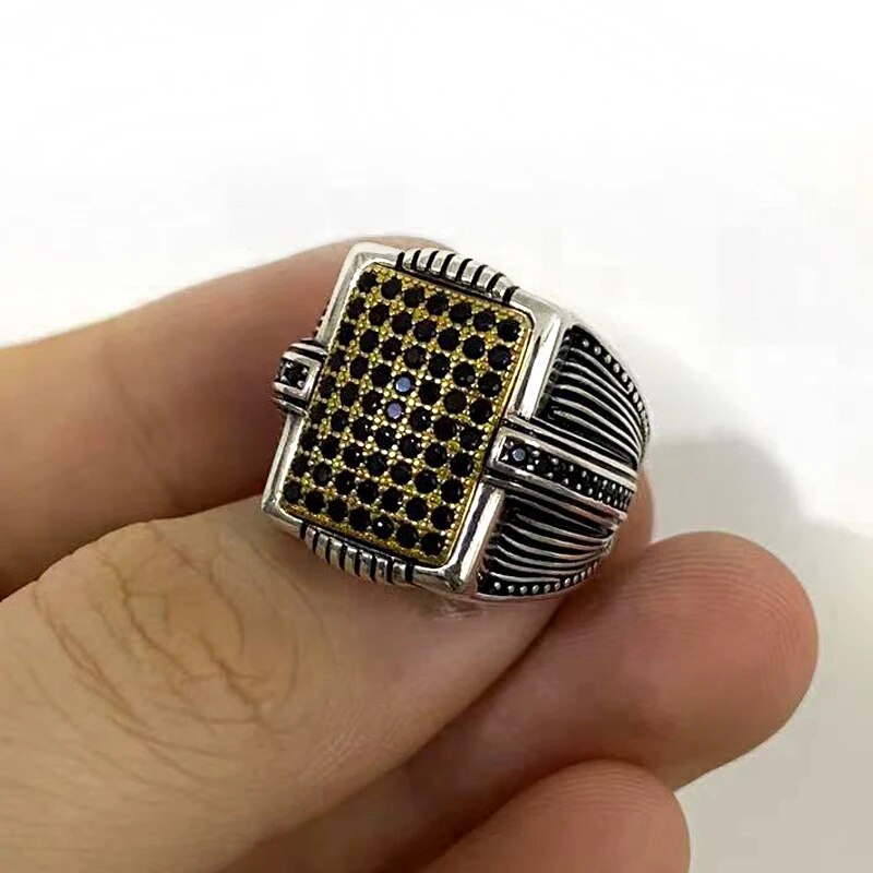 Men's 100% 925 Silver Zircon Geometric Pattern Vintage Ring