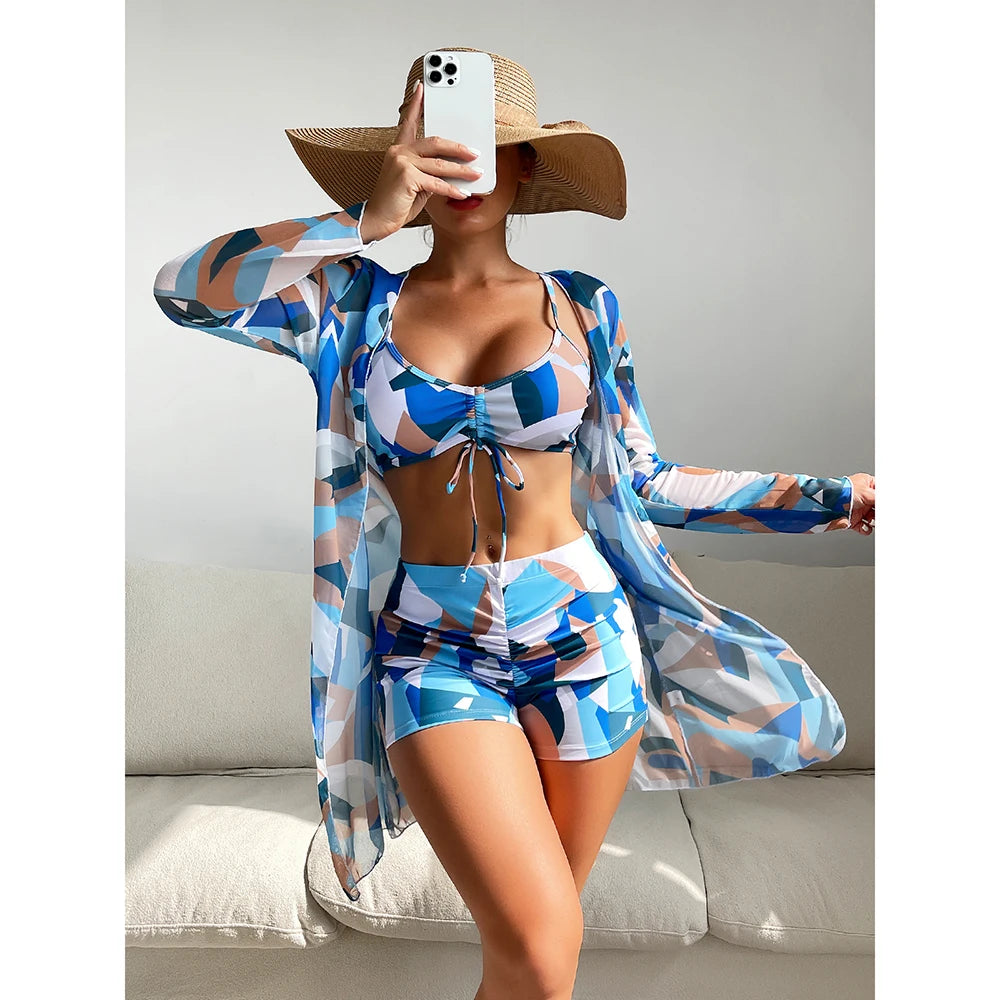 Women's Polyester High Waist Swimwear Three-Piece Bikini Set