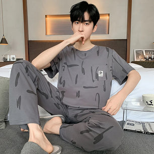 Men's Cotton O-Neck Short Sleeves Trendy Sleepwear Pajamas Set