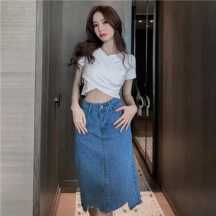 Women's Polyester High Waist Solid Pattern Casual Denim Skirts