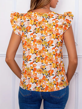 Women's Polyester O-Neck Short Sleeves Floral Pattern Mini Blouse