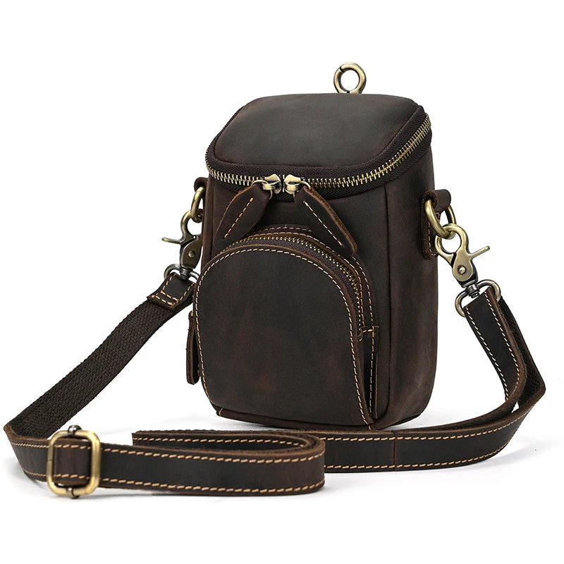 Men's Genuine Leather Zipper Closure Solid Pattern Shoulder Bag