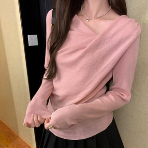 Women's Polyester V-Neck Long Sleeves Solid Pattern Pullover Tops