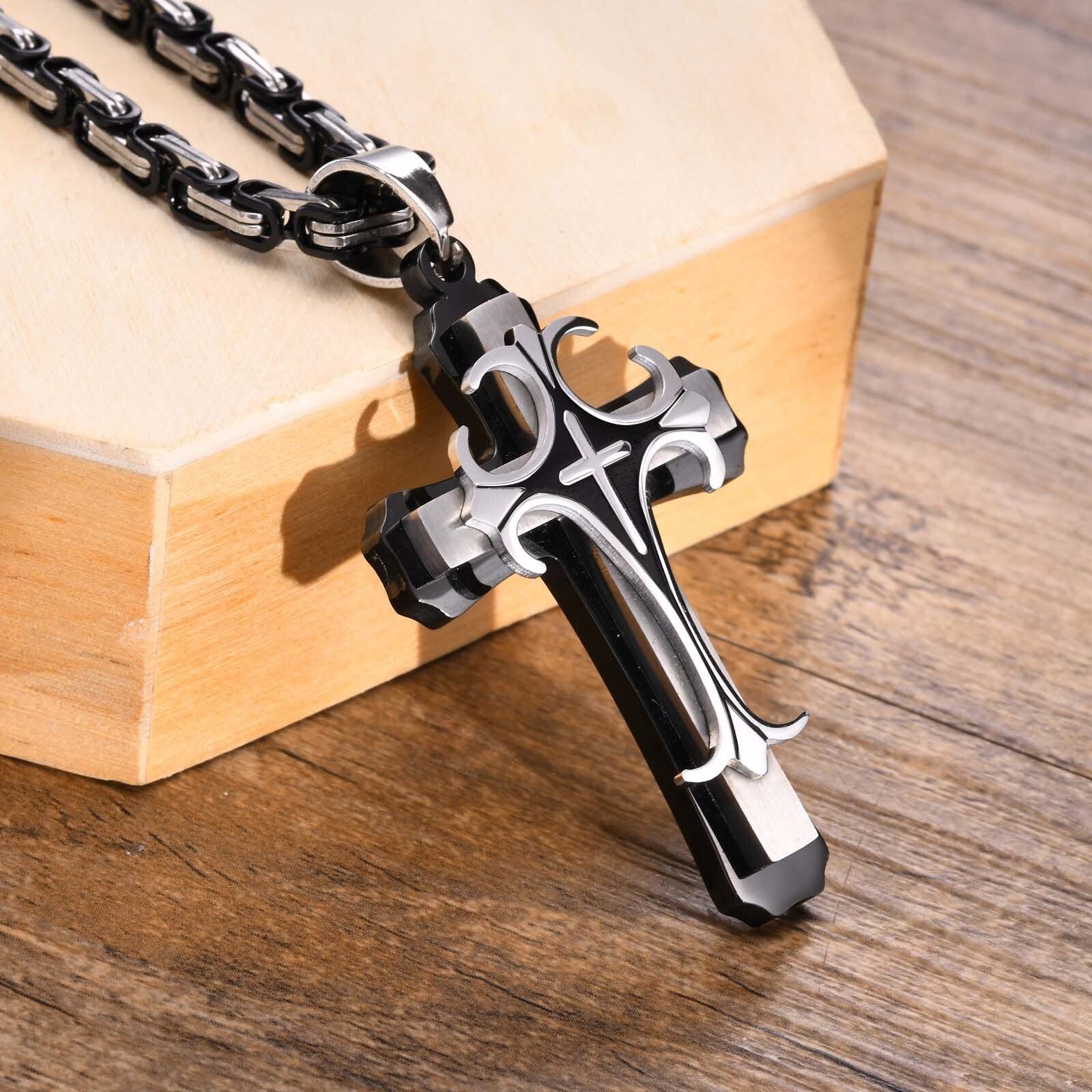 Men's 100% Stainless Steel Link Chain Cross Pendant Necklace