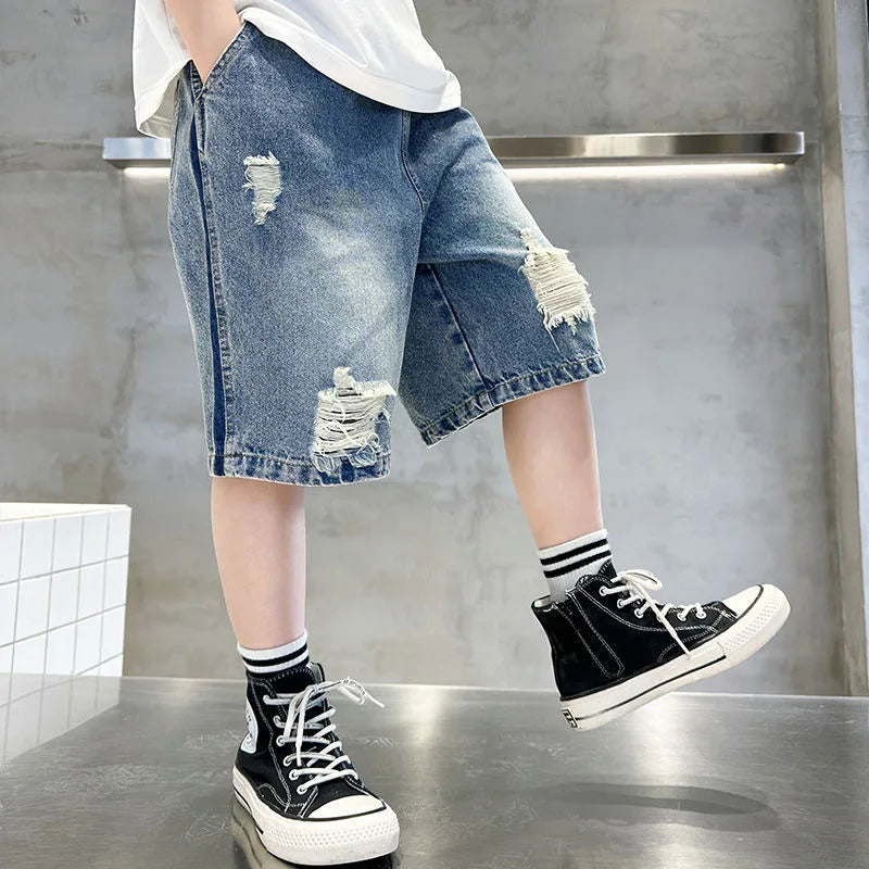 Kid's Cotton Mid Elastic Waist Closure Casual Wear Denim Shorts