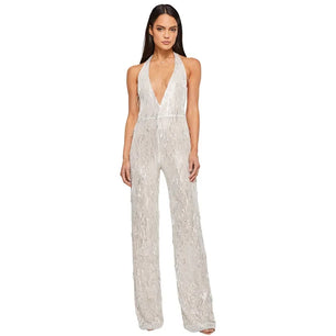 Women's Polyester V-Neck Sleeveless Sequined Pattern Jumpsuit