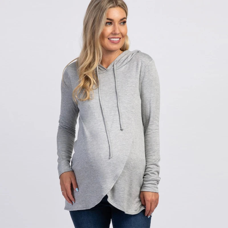 Women's Spandex Full Sleeves Solid Pattern Hooded Maternity Top