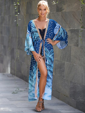 Women's Polyester Long Sleeves Printed Kaftan Beach Cover Up