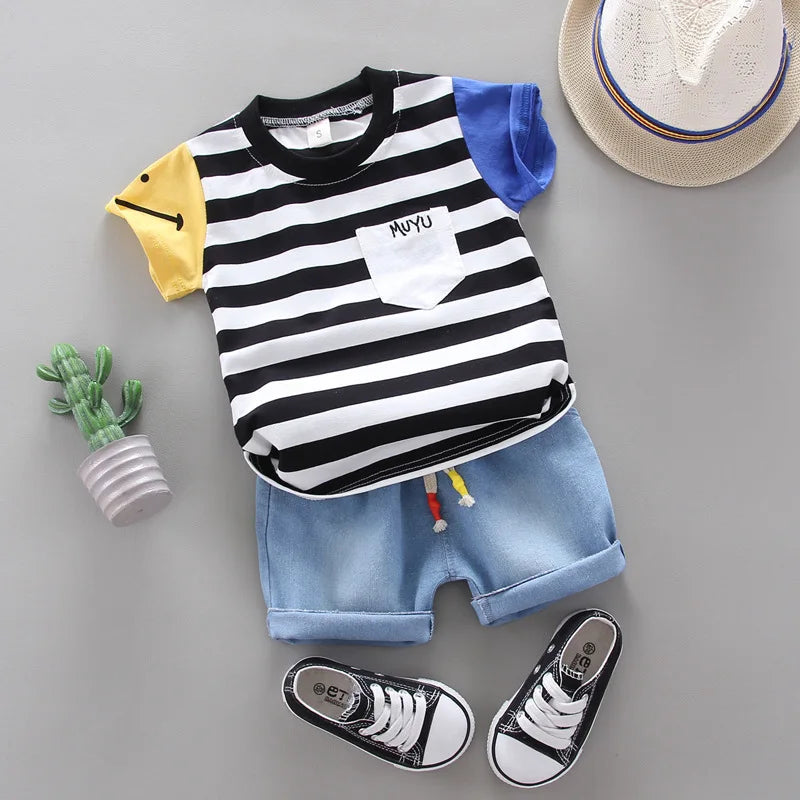 Kid's Boy Cotton O-Neck Short Sleeves Swimwear Two-Piece Suit