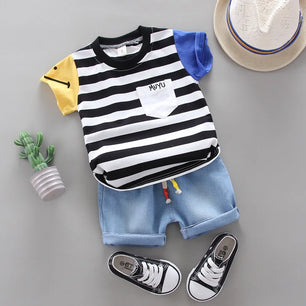 Kid's Boy Cotton O-Neck Short Sleeves Swimwear Two-Piece Suit