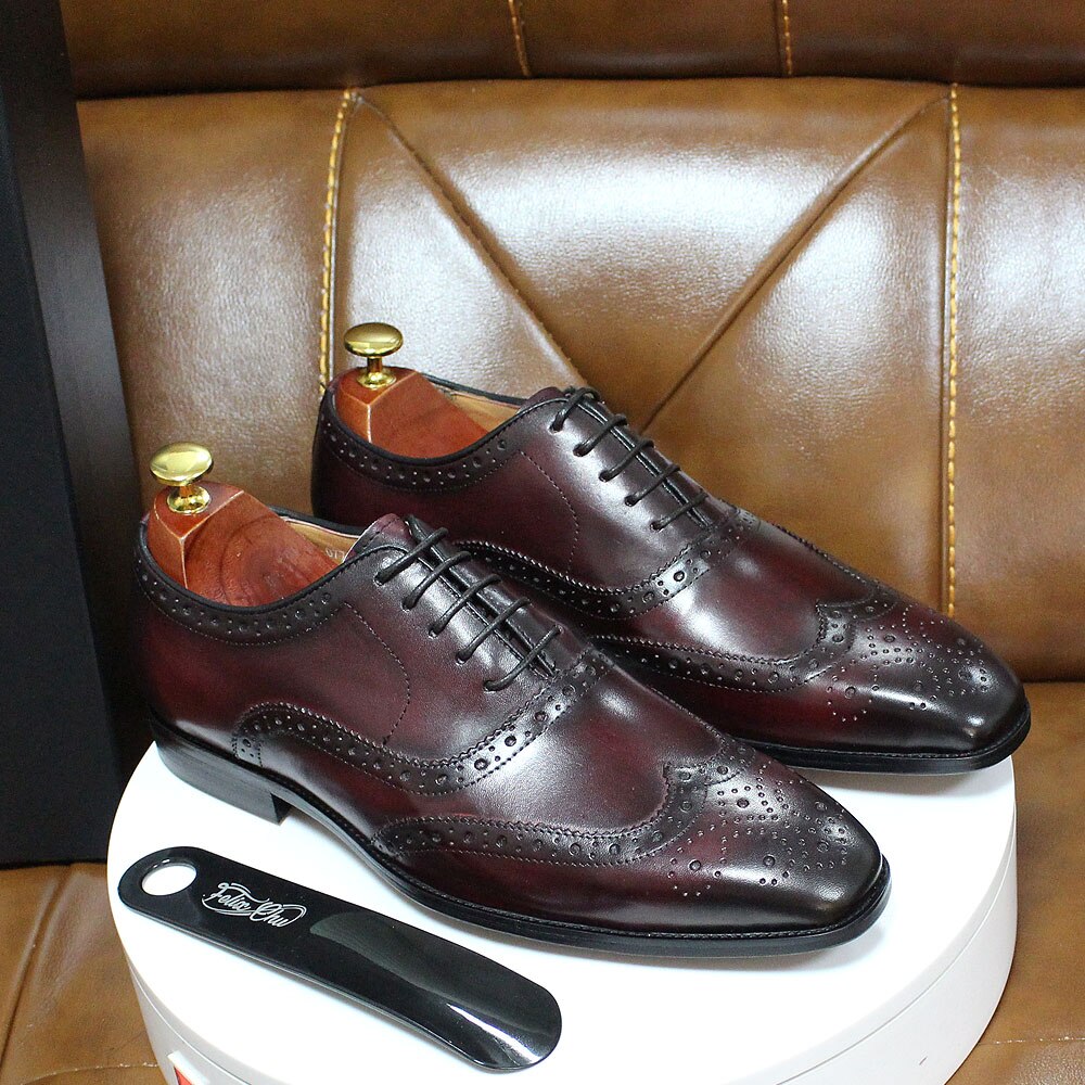 Men's Genuine Leather Pointed Toe Lace-up Closure Wedding Shoes