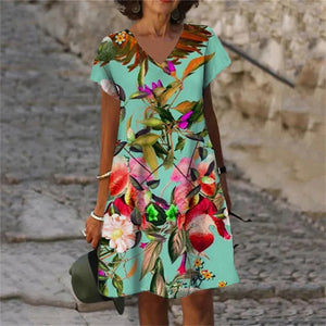 Women's Polyester V-Neck Short Sleeves Mini Casual Floral Dress