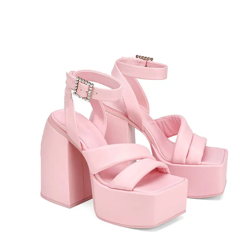 Women's PU Square Toe Buckle Strap Closure High Heel Party Sandals