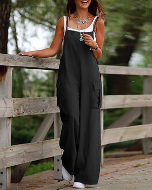 Women's Polyester Square-Neck Sleeveless Solid Pattern Jumpsuit