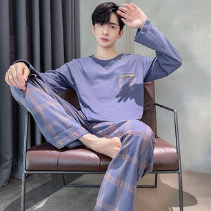 Men's Cotton O-Neck Long Sleeves Trendy Sleepwear Pajamas Set